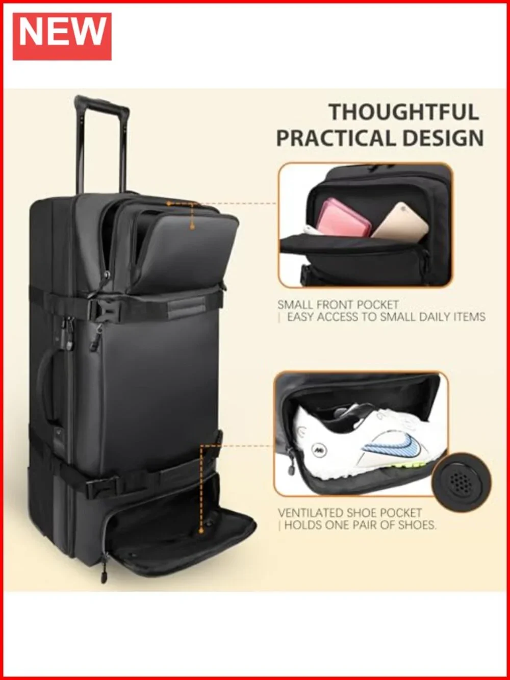 100L Extra Large Rolling Duffle Bag with Wheels, Wet Pocket & Shoe Compartment,